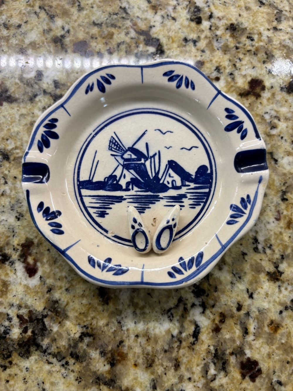 Blue & White Delft-Style Ceramic Ashtray with Windmill Motif